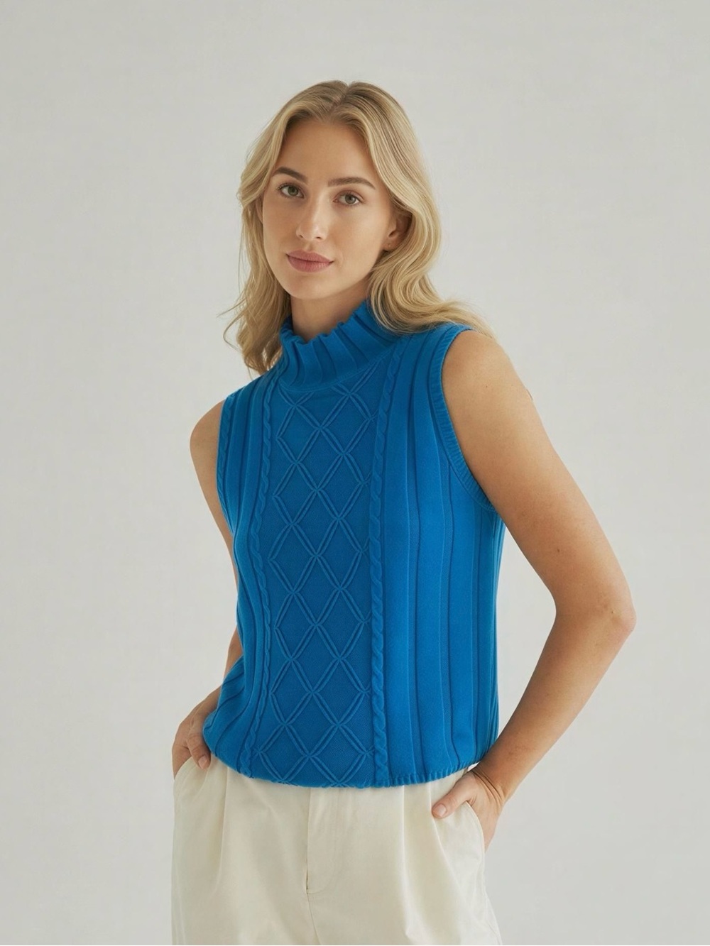Sleeveless Cable-Front Turtleneck Sweater in Blue
